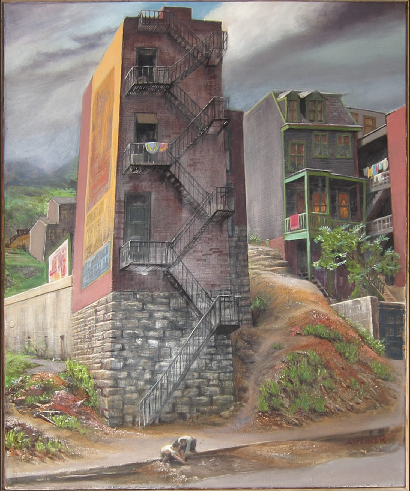 Hill Scene, 1944, egg tempera on panel. A painting by Abe Weiner.