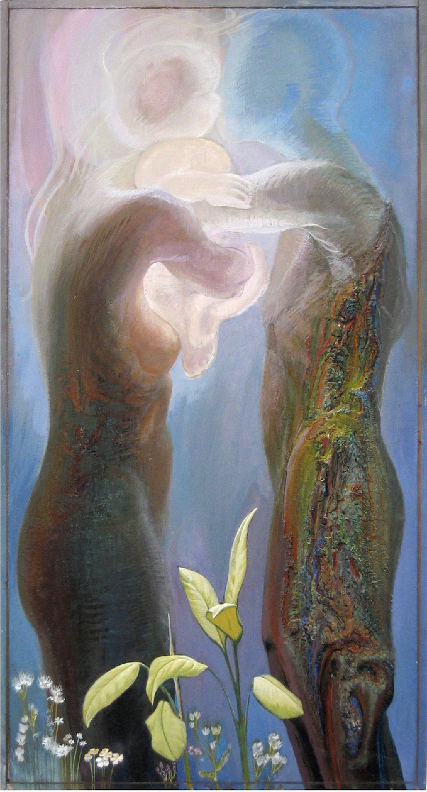 Adam and Eve, 1966, mixed media on panel. A painting by Abe Weiner.