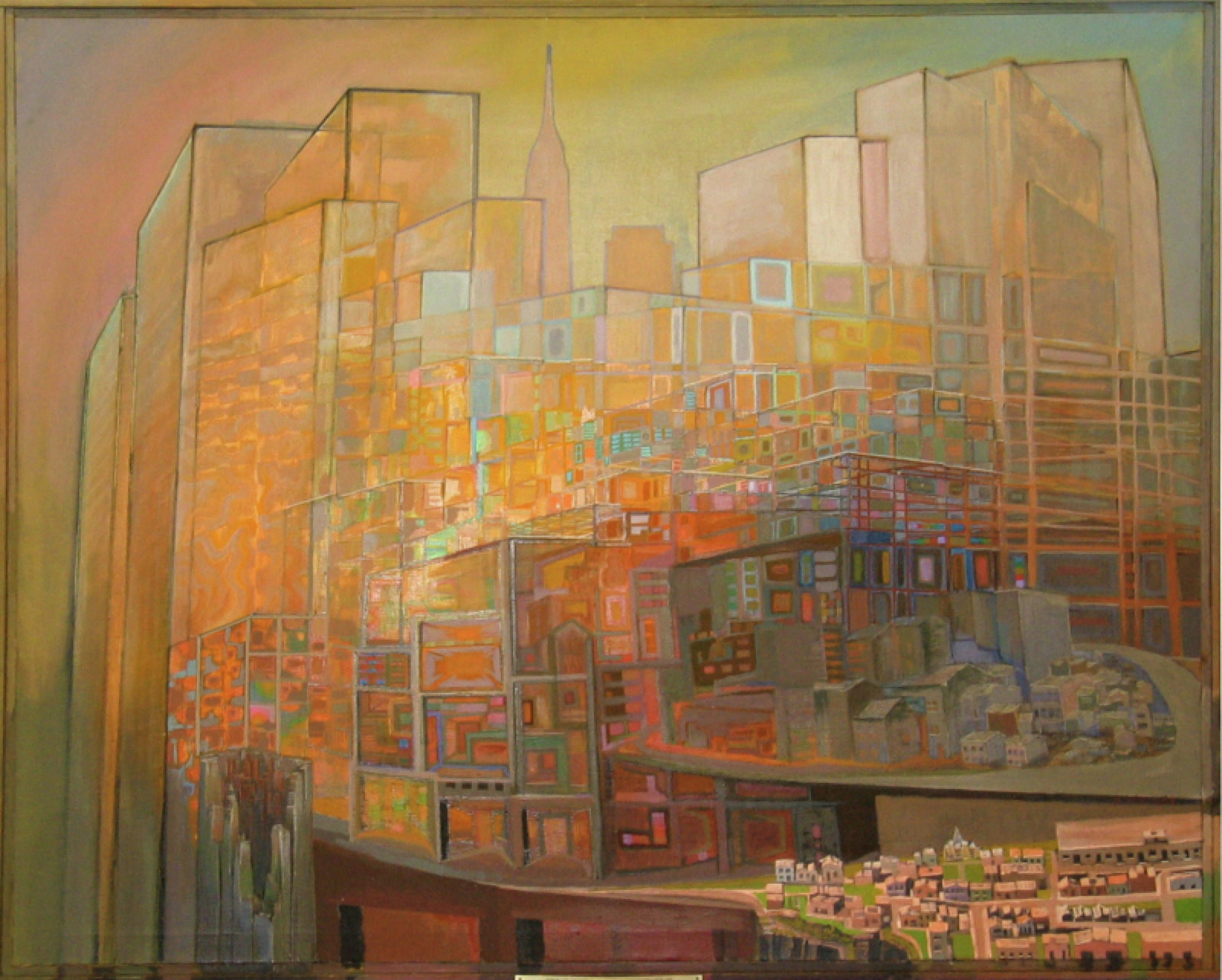 Themes on a City, 1976, acrylic on canvas. A painting by Abe Weiner.